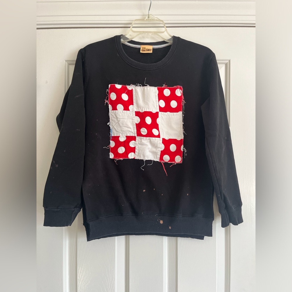 Upcycled MORGAN FACTORY black red polka dot Quilt sweatshirt XS S M